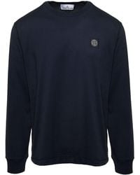 Stone Island - Blue Long-sleeved T-shirt With Logo Patch In Cotton Man - Lyst