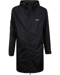 Prada Logo Patch Hooded Raincoat - Black