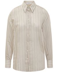 Brunello Cucinelli - Cotton And Silk Sparkling Stripe Poplin Shirt With Monile - Lyst