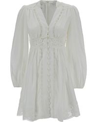 Zimmermann - Mini White Dress With Embroideries And Puff Sleeves In Linen Woman - Lyst