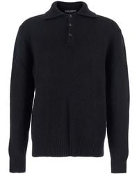 Dolce & Gabbana - Wool Polo Collar Sweater With Logo Patch Polyamide - Lyst