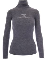 Elisabetta Franchi - Ribbed Knit Turtleneck Top With Intarsia Logo - Lyst