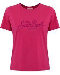 Mc2 Saint Barth - Emilie T-Shirt With Fuchsia Rhinestone Logo - Lyst