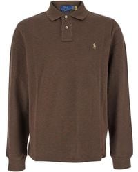 Polo Ralph Lauren - "slim Fit" Brown Polo Shirt With Long Sleeves And Pony Embroidery On The Front In Cotton Man - Lyst