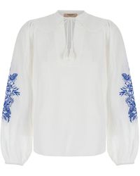 Twin Set - Blouse With Drawstring And Floreal Embroideries - Lyst