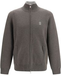Brunello Cucinelli - Double Cashmere Cardigan With Zip And Logo Sweater - Lyst