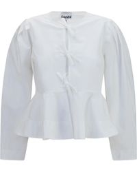 Ganni - Cotton Poplin Blouse With Bows Shirt - Lyst
