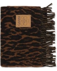 Ganni - Leopard Print Wool Scarf With Logo And Fringes Ovis Aries Scarfs - Lyst