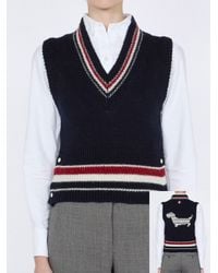 Thom Browne - Gilet Hector Pointelle Intarsia Col V En Donegal À Rayures Rwb Jacket - Lyst