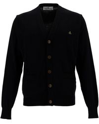 Vivienne Westwood - Black V Neck Cardigan With Orb Embroidery In Cotton And Cashmere Man - Lyst