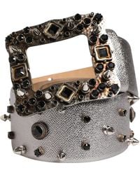 Dolce & Gabbana - Silver Leather Crystal Stud Logo Buckle Belt - Lyst