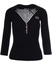 Elisabetta Franchi - Ribbed Knit Polo With Boat Collar And Contrasting Logo Intarsia - Lyst