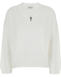 Brunello Cucinelli - Sweater With V Neck And Monil Detail On The Neck - Lyst