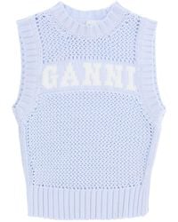 Ganni - Open-stitch Knitted Vest With Logo - Lyst
