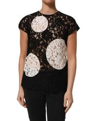 Dolce & Gabbana - Black White Floral Lace Short Sleeve Blouse Top - Lyst
