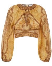 Zimmermann - 'Wanderlust' Cropped Top With Puffed Long Sleeves And All-Over Paisley Motif - Lyst