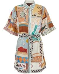 ALÉMAIS - Michelle Mini Dress With Classic Collar And All-Over Geometric Motif Linen For - Lyst