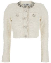 Self-Portrait - Crewneck Cropped Cardigan With Crystal Embellishments On The Collar - Lyst