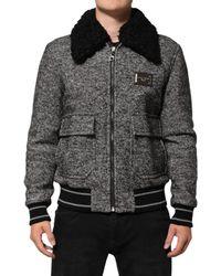 Dolce & Gabbana - Wool Herringbone Shearling Collar Bomber Jacket And Clothing - Lyst