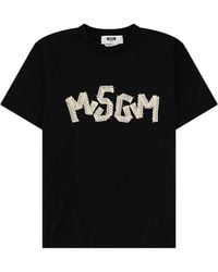MSGM - T-Shirt With Lace-Embroidered Logo Cotton T-Shirts - Lyst