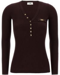 Elisabetta Franchi - Silk Blend V-Neck Sweater With Button Detail - Lyst