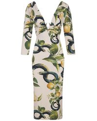 Roberto Cavalli - Ivory Midi Dress With Lemons Print - Lyst