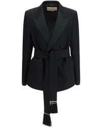 Valentino - Double-Breasted Virgin Wool Blazer With Belt Outer: Fleece Ovis Aries Blazers E Vests - Lyst