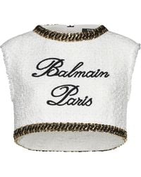 Balmain - Logo-embroidered Cropped Tweed Top - Lyst