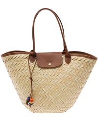 Longchamp - 'xl Le Panier' Beige Tote Bag With Beads Strap In Straw Woman - Lyst