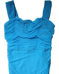 Dolce & Gabbana - Blue Ruched Tulle Midi Square Neck Dress - Lyst