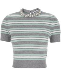 Self-Portrait - Cropped Top Wih Crewneck With Crystal Embellishments And All-Over Striped Motif - Lyst
