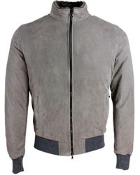Barba Napoli Suede Bomber Jacket With Padded Interior With Shearling Collar And Zip Closure. Knitted Edging - Grey