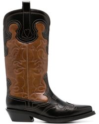 Ganni - Embroidered Two-tone Leather Cowboy Boots - Lyst