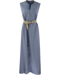 Brunello Cucinelli - Wrinkled Light Cotton Poplin Dress With Raffia Belt And Precious Neckline - Lyst