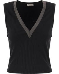Brunello Cucinelli - Stretch Cotton Rib Jersey Top With Shiny Collar - Lyst