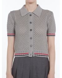 Thom Browne - Cardigan Polo Pointelle Coton Rayé Rwb Gris Clair Sweater - Lyst