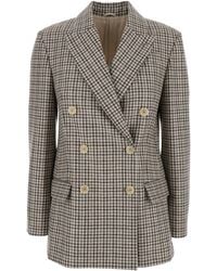 Brunello Cucinelli - Double-Breasted Jacket With Peak Revers And All-Over Check Motif - Lyst