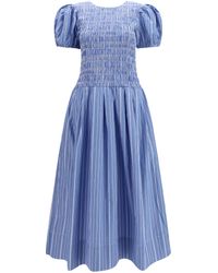 Ganni - Striped Cotton Dress With Puff Sleeves - Lyst