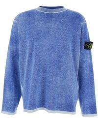 Stone Island - Light Crewneck T-Shirt With Logo Patch On The Sleeve And Contrasting Decorative Stitching - Lyst