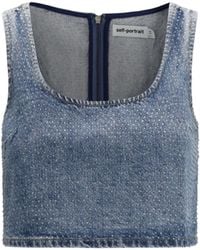 Self-Portrait - Rhinestone Denim Crop Top Cotton - Lyst