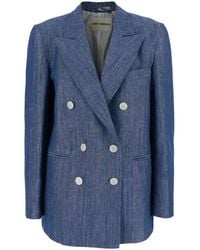 Roy Rogers - Cs) Double-Breasted Jacket Chambray Cotton Linen Rinse Blazers - Lyst