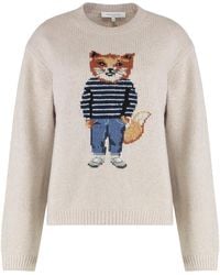 Maison Kitsuné - Round-Neck Wool Sweater With Fox Motif - Lyst