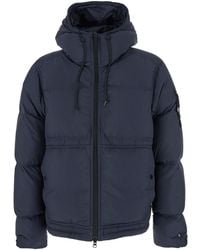 Stone Island - Down Jacket With Drawstring Hood And Logo Patch On T - Lyst