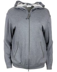 Brunello Cucinelli - Cotton And Silk Sweatshirt With Hood And Monili On The Zip - Lyst