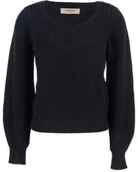 Twinset - Sweater With Embroidered Collar And Elastic Cuffs Wool Cotton Jersey - Lyst