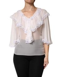 Dolce & Gabbana - Longsleeve Lace Trim Ruffled Blouse Top Nylon Silk Viscose - Lyst