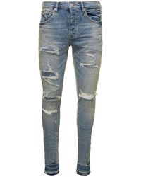 Purple Brand - Light Blue Skinny Jeans With Rips Detail In Stretch Cotton Denim Man - Lyst