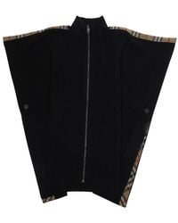 Burberry - Cape With Check Side Bands, Wool Coat - Lyst