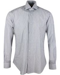 Barba Napoli - Long-sleeved Cult Shirt With French Collar With Gray And Blue Stripes On A Base In Cotton And Linen - Lyst