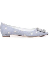 Manolo Blahnik - Flat Pumps In Blue And White Chambray Daisy - Lyst